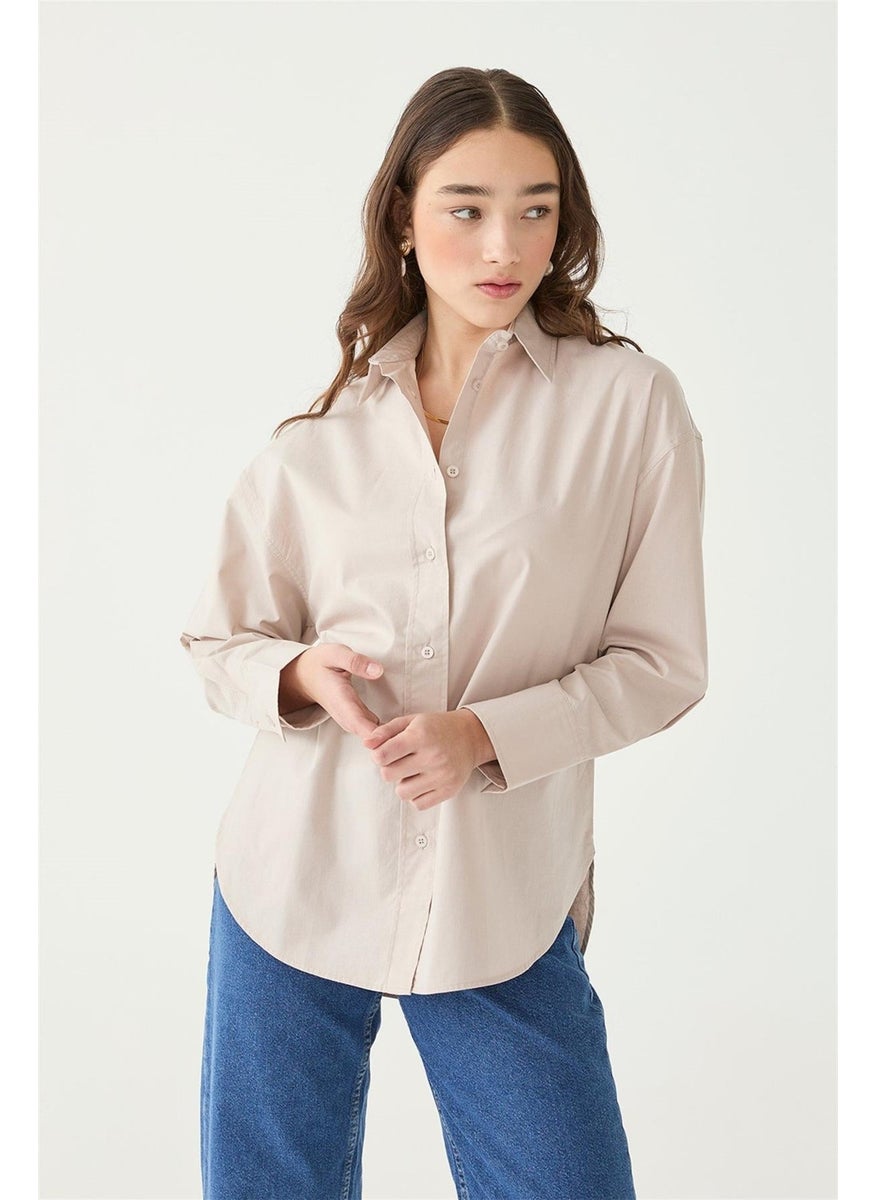 Women's Beige Oversize Poplin Shirt, Short in the Front and Long in the Back