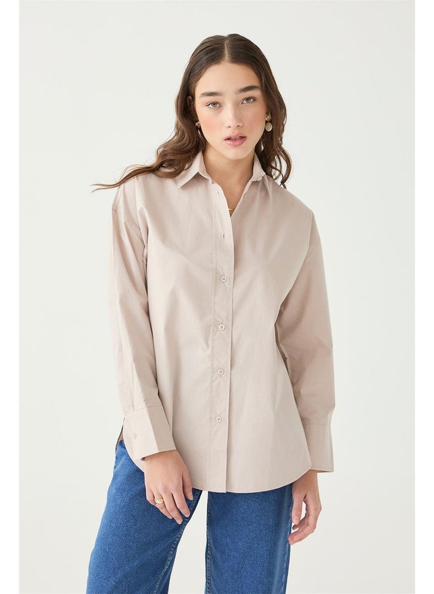 Women's Beige Oversize Poplin Shirt, Short in the Front and Long in the Back