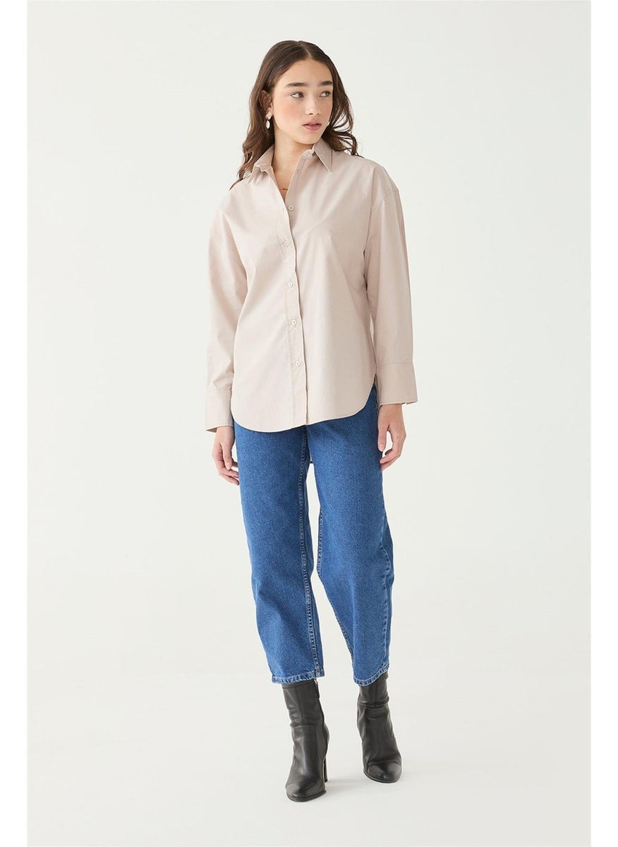 Women's Beige Oversize Poplin Shirt, Short in the Front and Long in the Back
