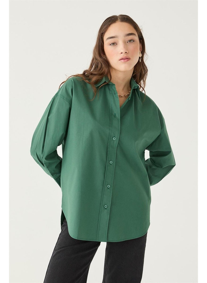 Women's Petrol Green Oversize Poplin Shirt, Short in the Front and Long in the Back