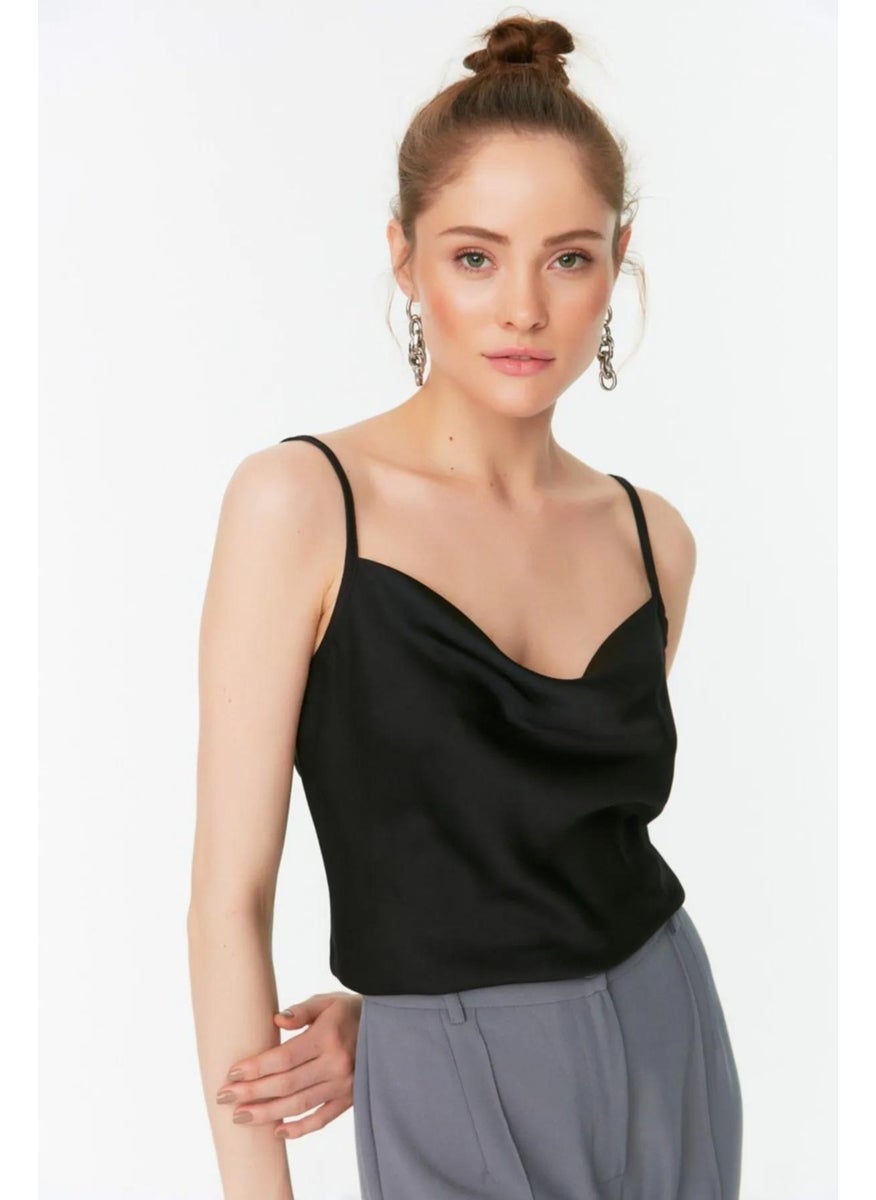 Women's Black (2946) Rope Strap Cowl Neck Satin Blouse