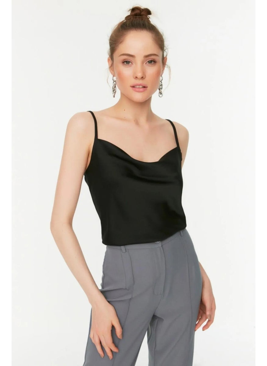 Women's Black (2946) Rope Strap Cowl Neck Satin Blouse