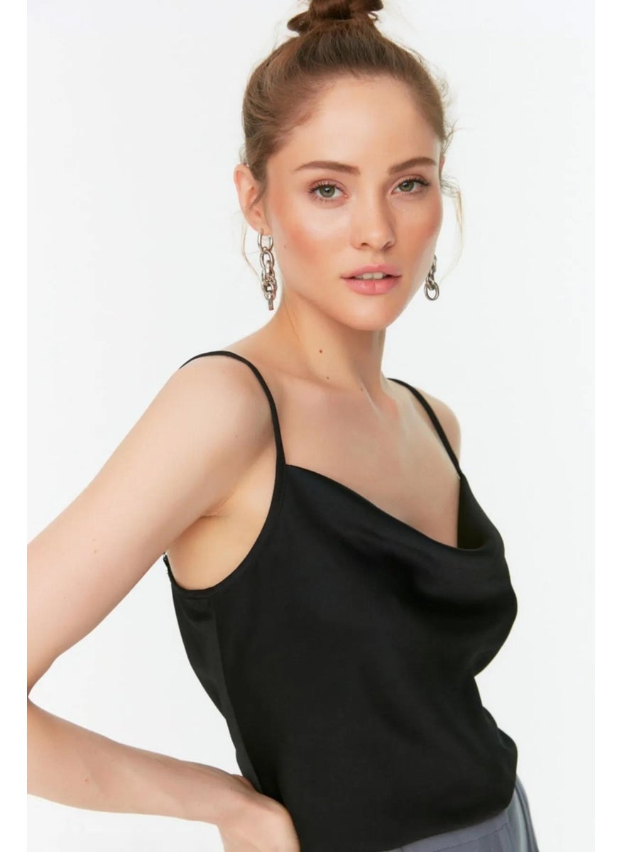 Women's Black (2946) Rope Strap Cowl Neck Satin Blouse