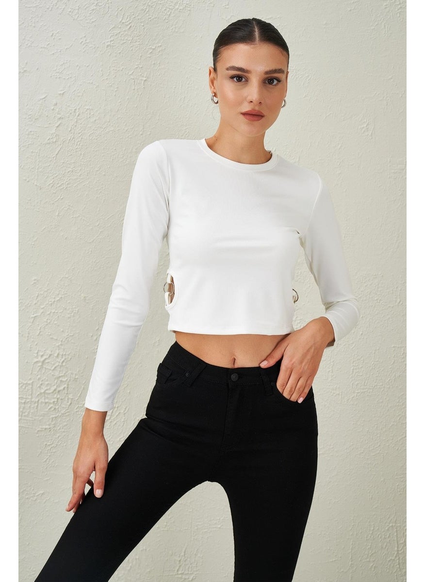 Women's Ecru Crew Neck Scuba Blouse with Ring Detail on the Sides