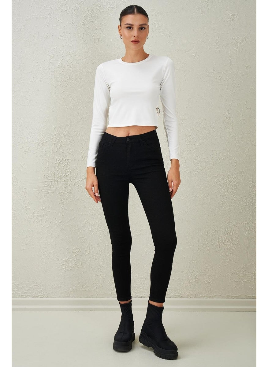 Women's Ecru Crew Neck Scuba Blouse with Ring Detail on the Sides