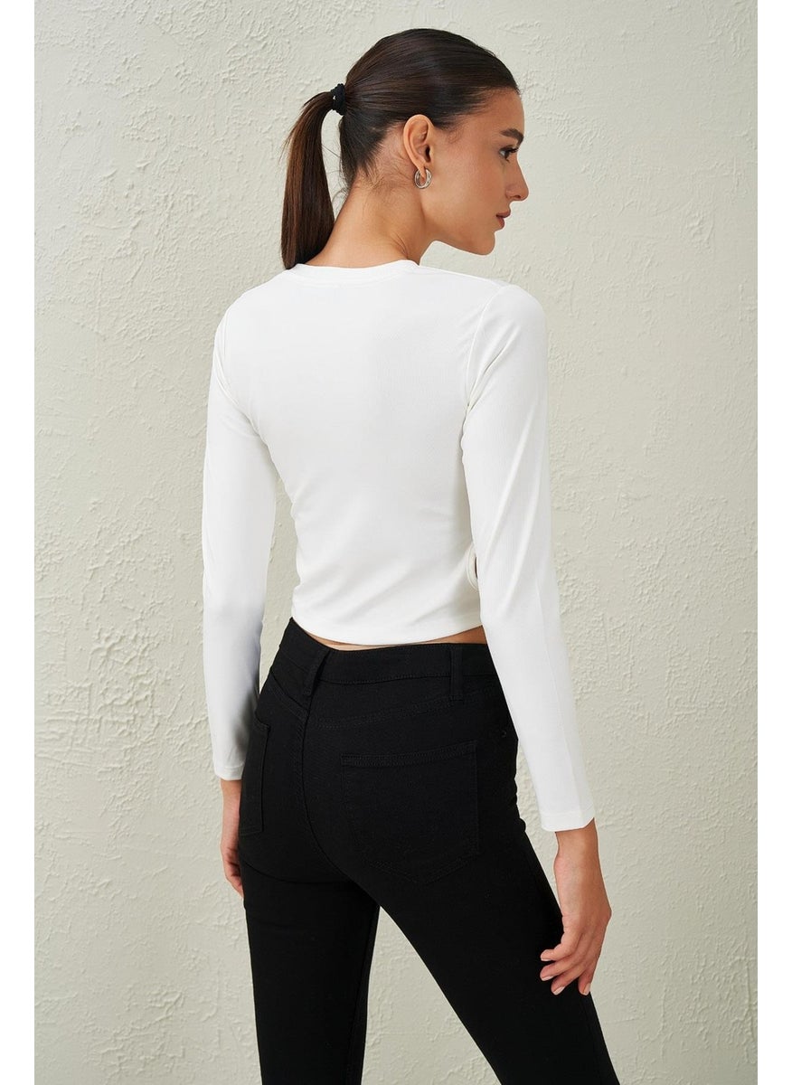 Women's Ecru Crew Neck Scuba Blouse with Ring Detail on the Sides