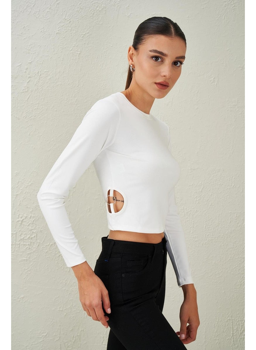 Women's Ecru Crew Neck Scuba Blouse with Ring Detail on the Sides