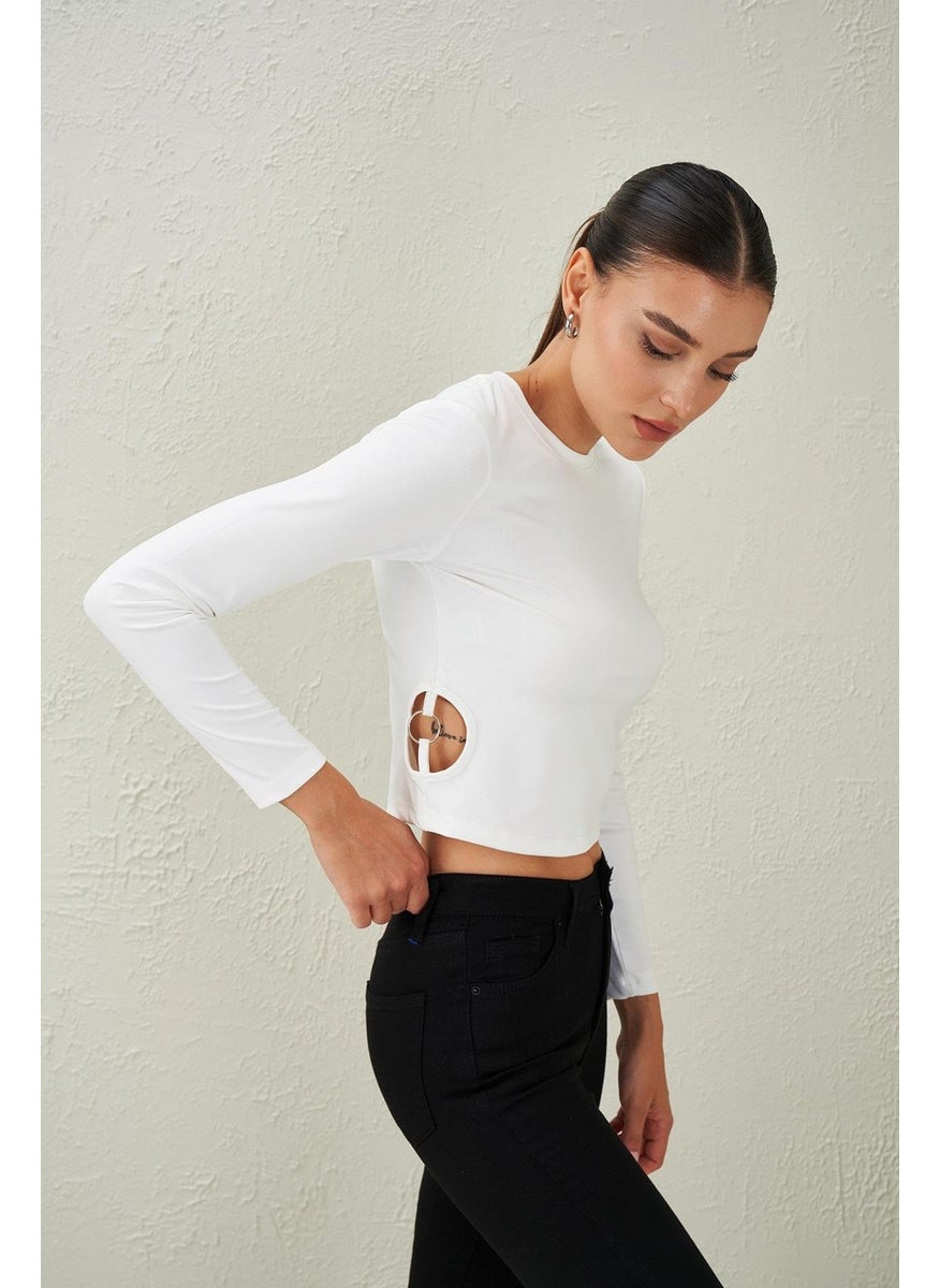 Women's Ecru Crew Neck Scuba Blouse with Ring Detail on the Sides