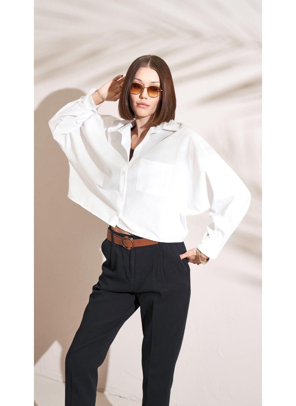Women's White Single Pocket Batwing Sleeve Poplin Shirt