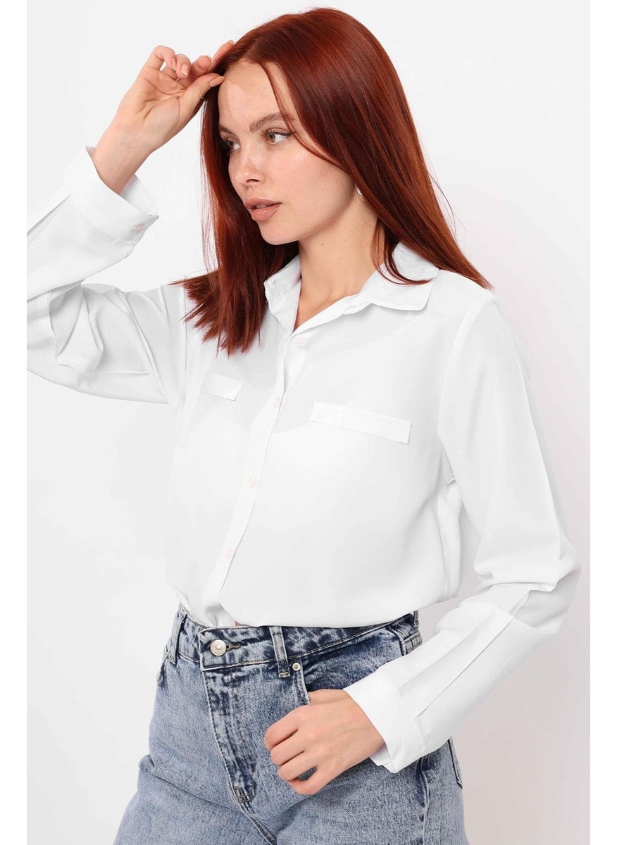 Women's White Fillet Pocket Detailed Basic Poplin Shirt