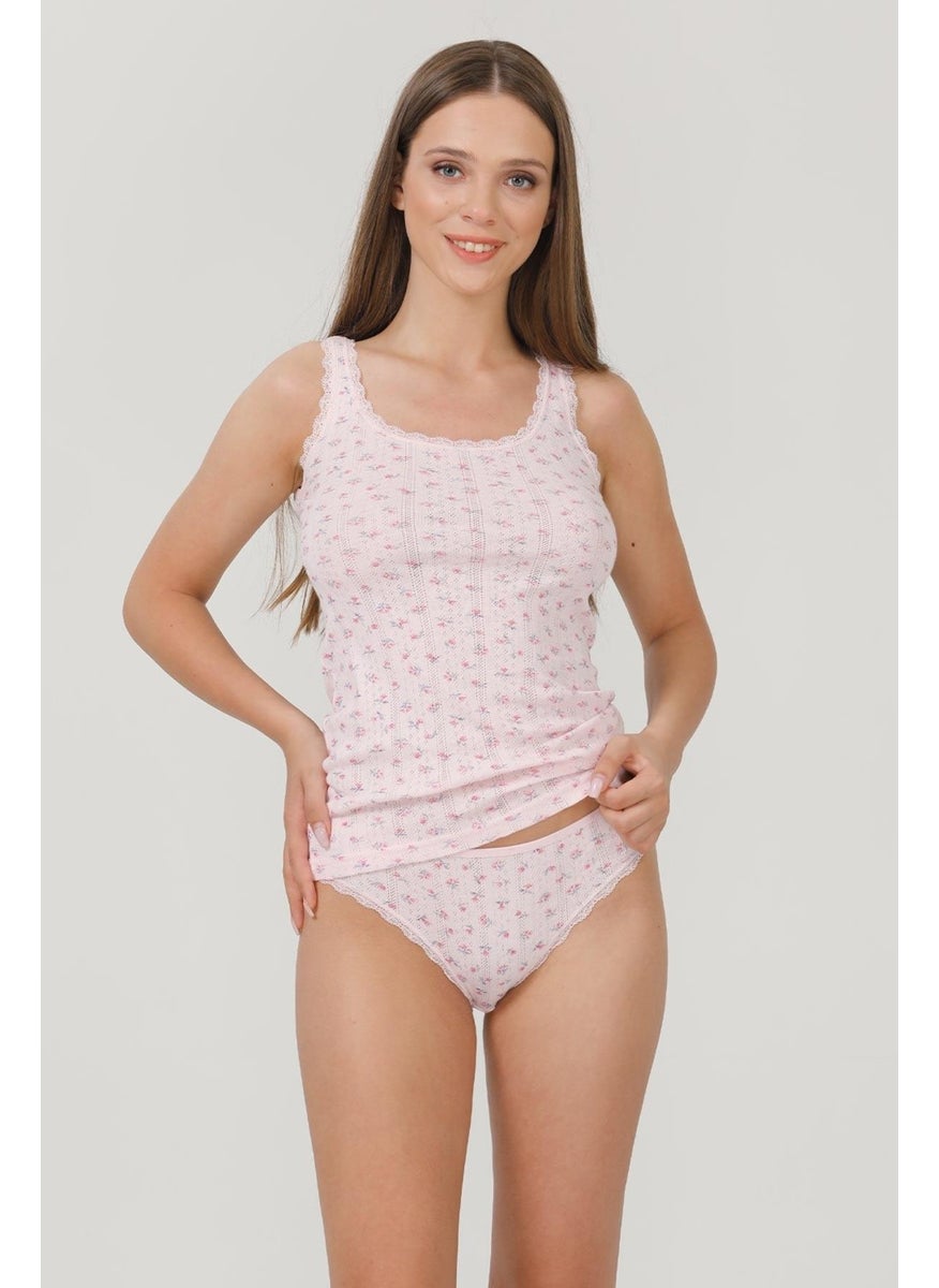 1259 Lace Detailed Jacquard Wide Strap 100% Cotton Women's Undershirt Panties Set