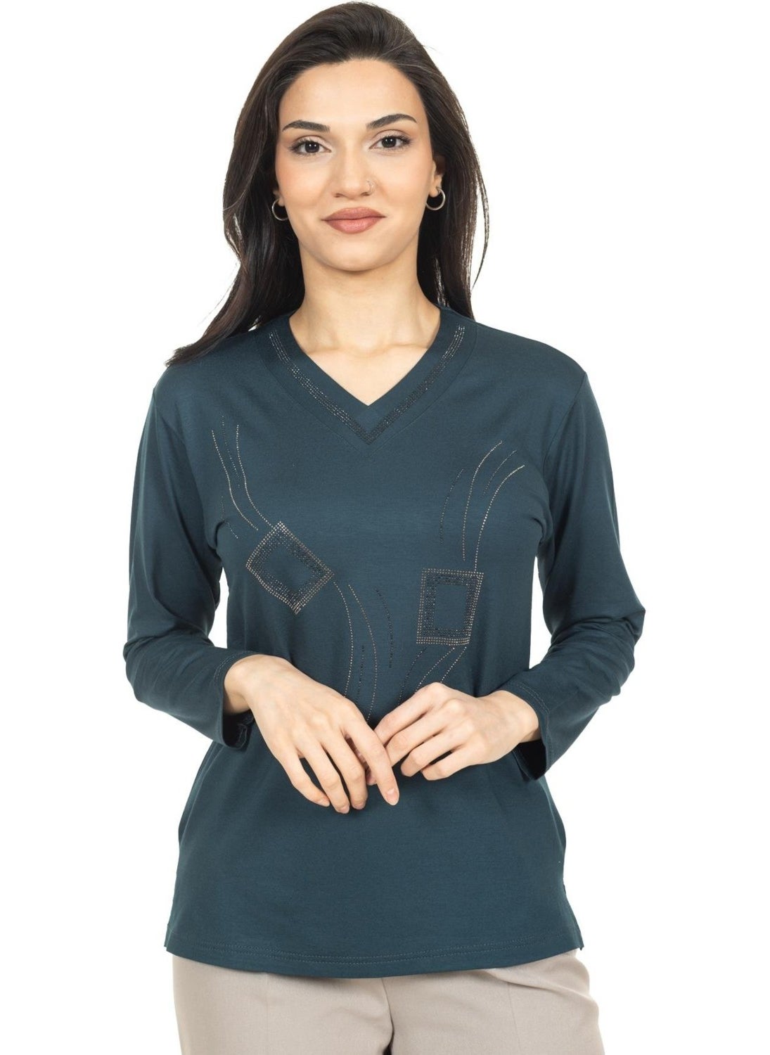Women Middle Age and Above New Model V Neck Stone Embroidered Mother's Combed Cotton Blouse 30560