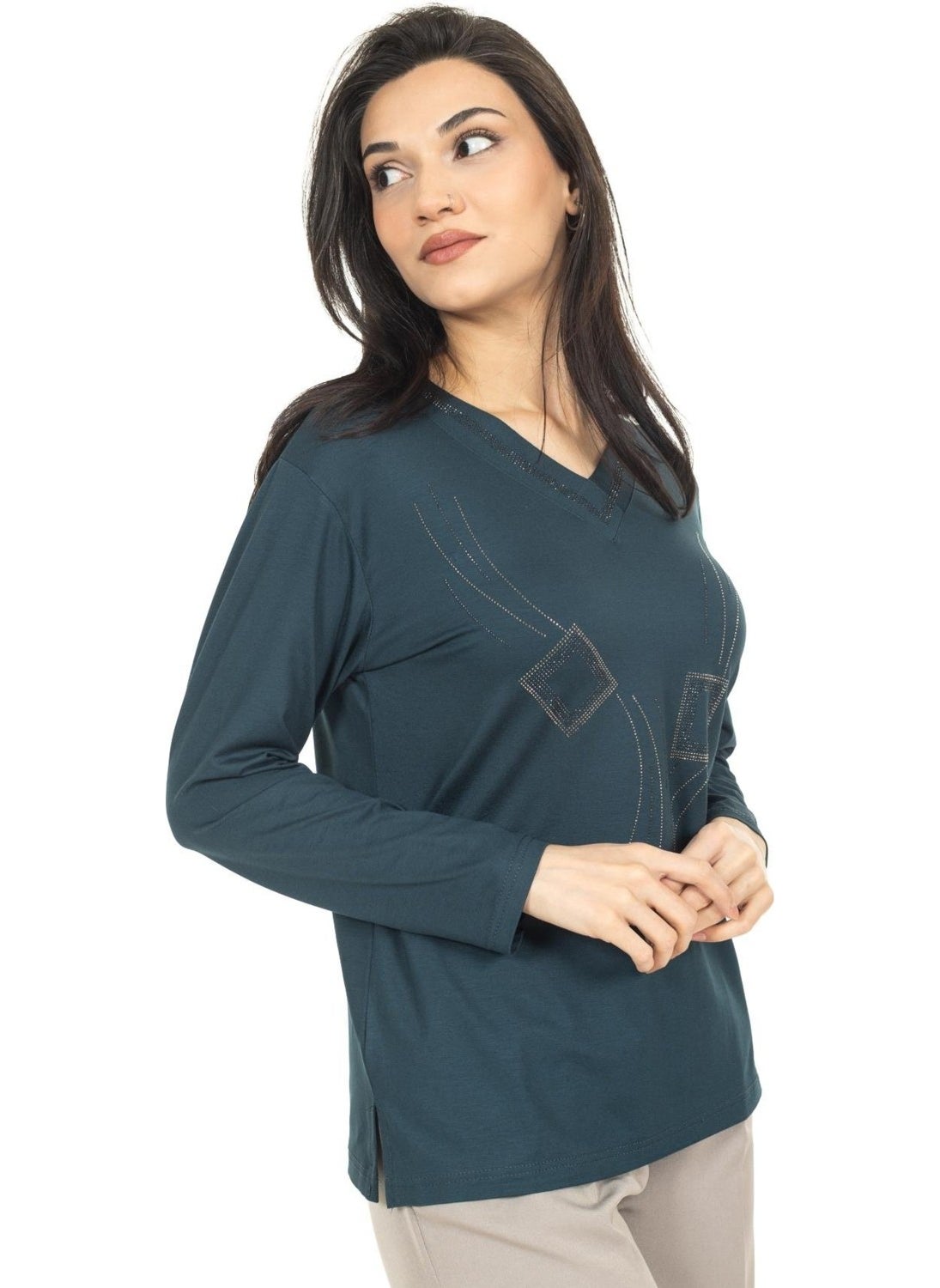 Women Middle Age and Above New Model V Neck Stone Embroidered Mother's Combed Cotton Blouse 30560