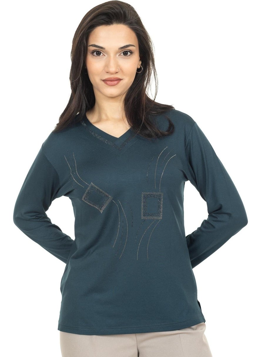 Women Middle Age and Above New Model V Neck Stone Embroidered Mother's Combed Cotton Blouse 30560