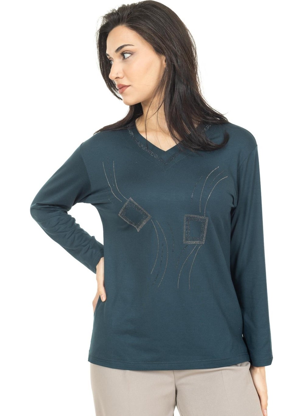 Women Middle Age and Above New Model V Neck Stone Embroidered Mother's Combed Cotton Blouse 30560