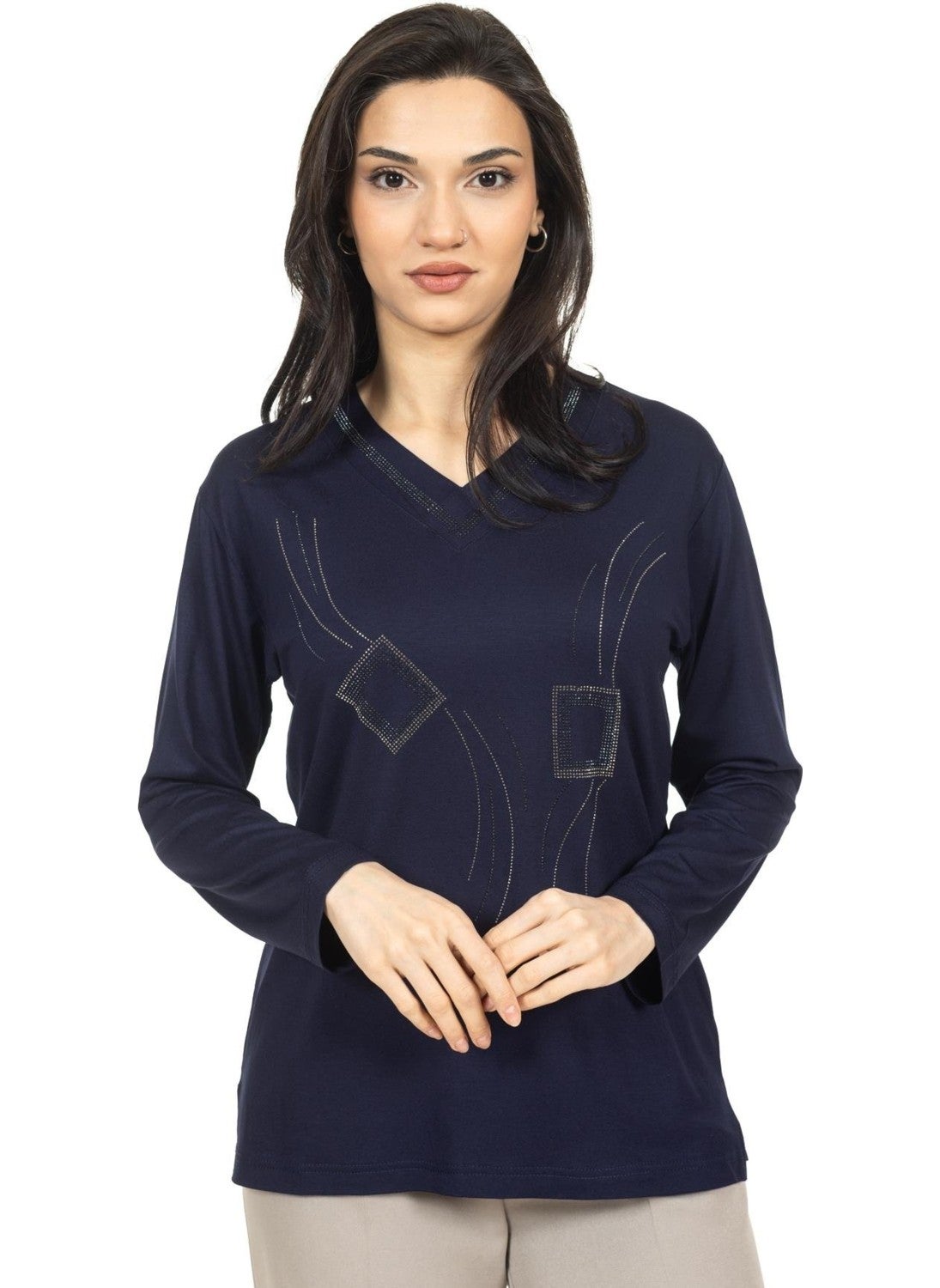 Women Middle Age and Above New Model V Neck Stone Embroidered Mother's Combed Cotton Blouse 30560