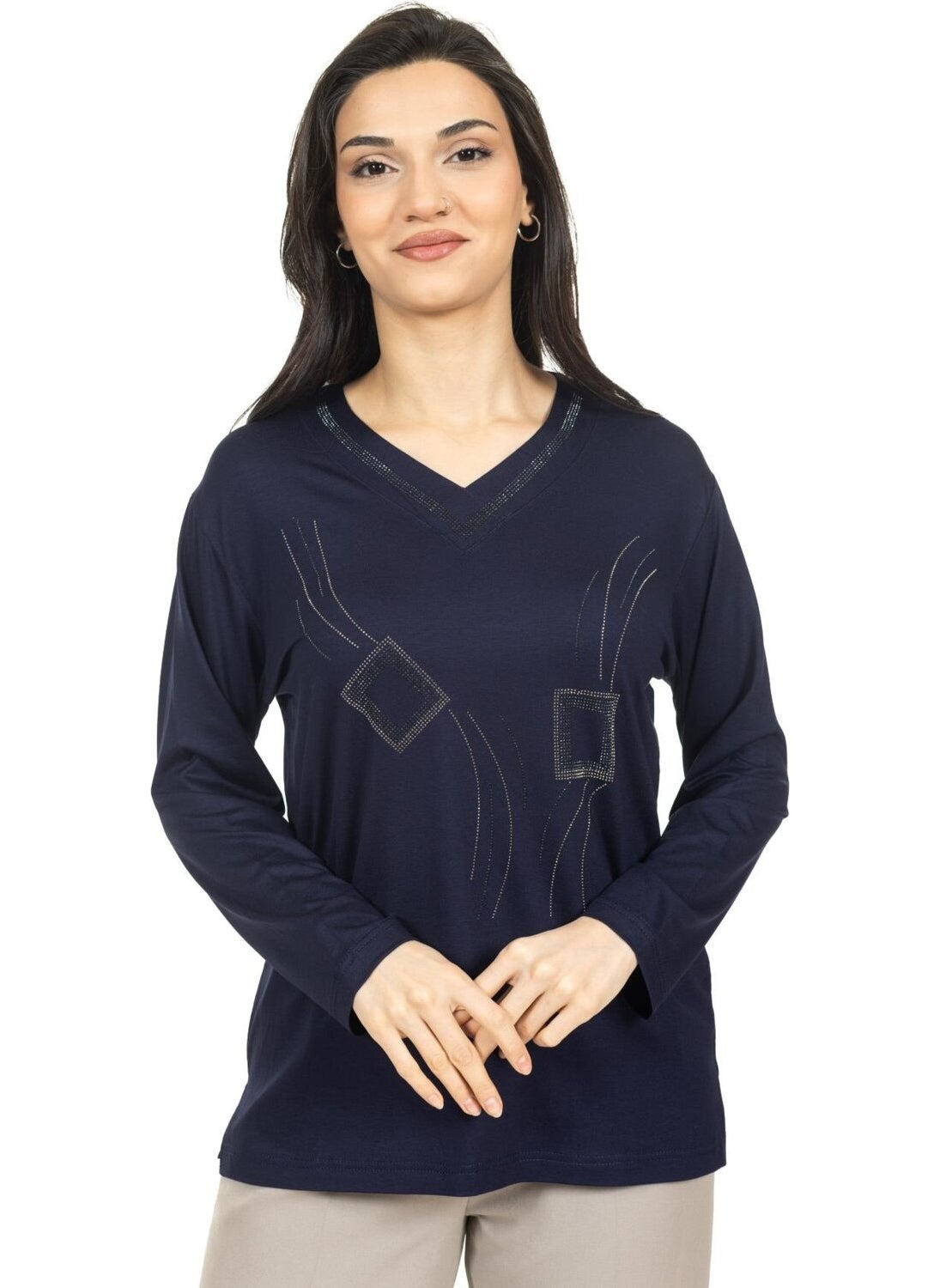 Women Middle Age and Above New Model V Neck Stone Embroidered Mother's Combed Cotton Blouse 30560