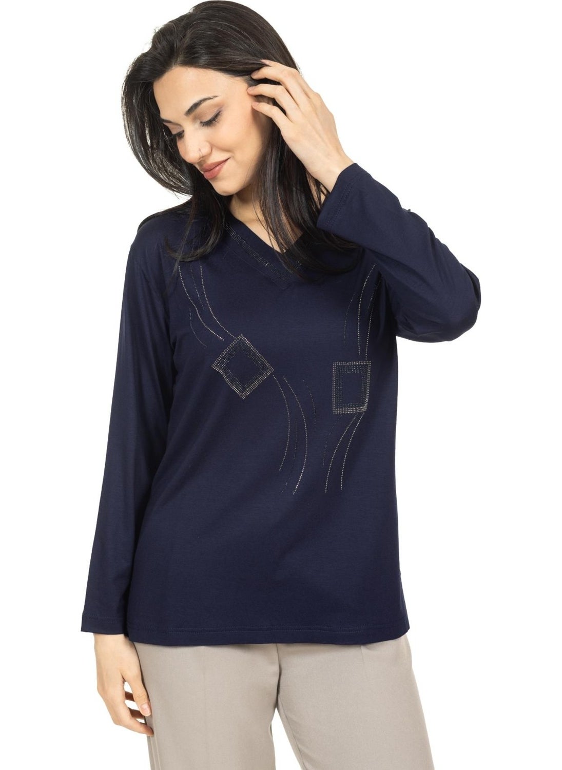 Women Middle Age and Above New Model V Neck Stone Embroidered Mother's Combed Cotton Blouse 30560