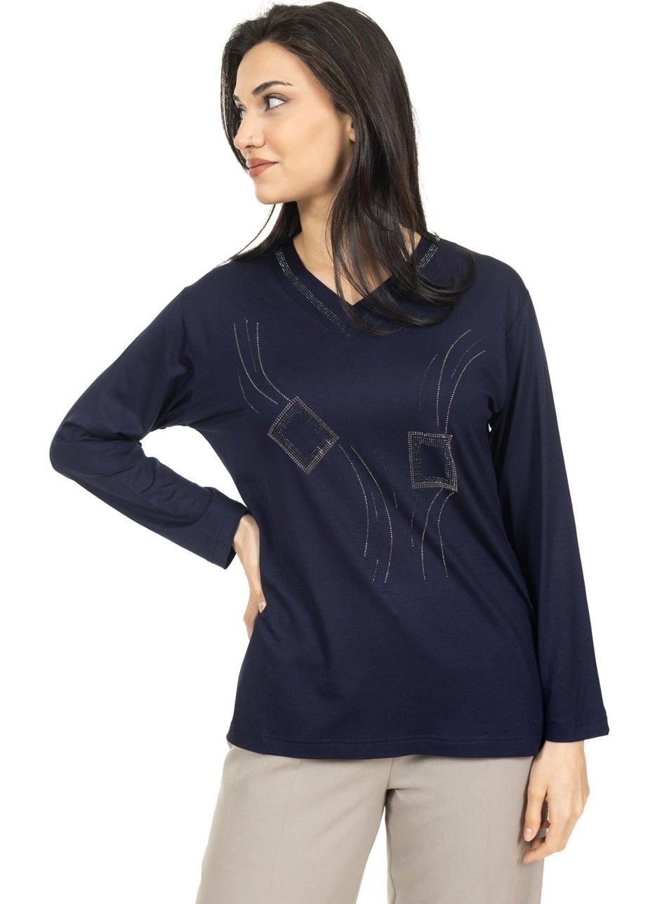 Women Middle Age and Above New Model V Neck Stone Embroidered Mother's Combed Cotton Blouse 30560