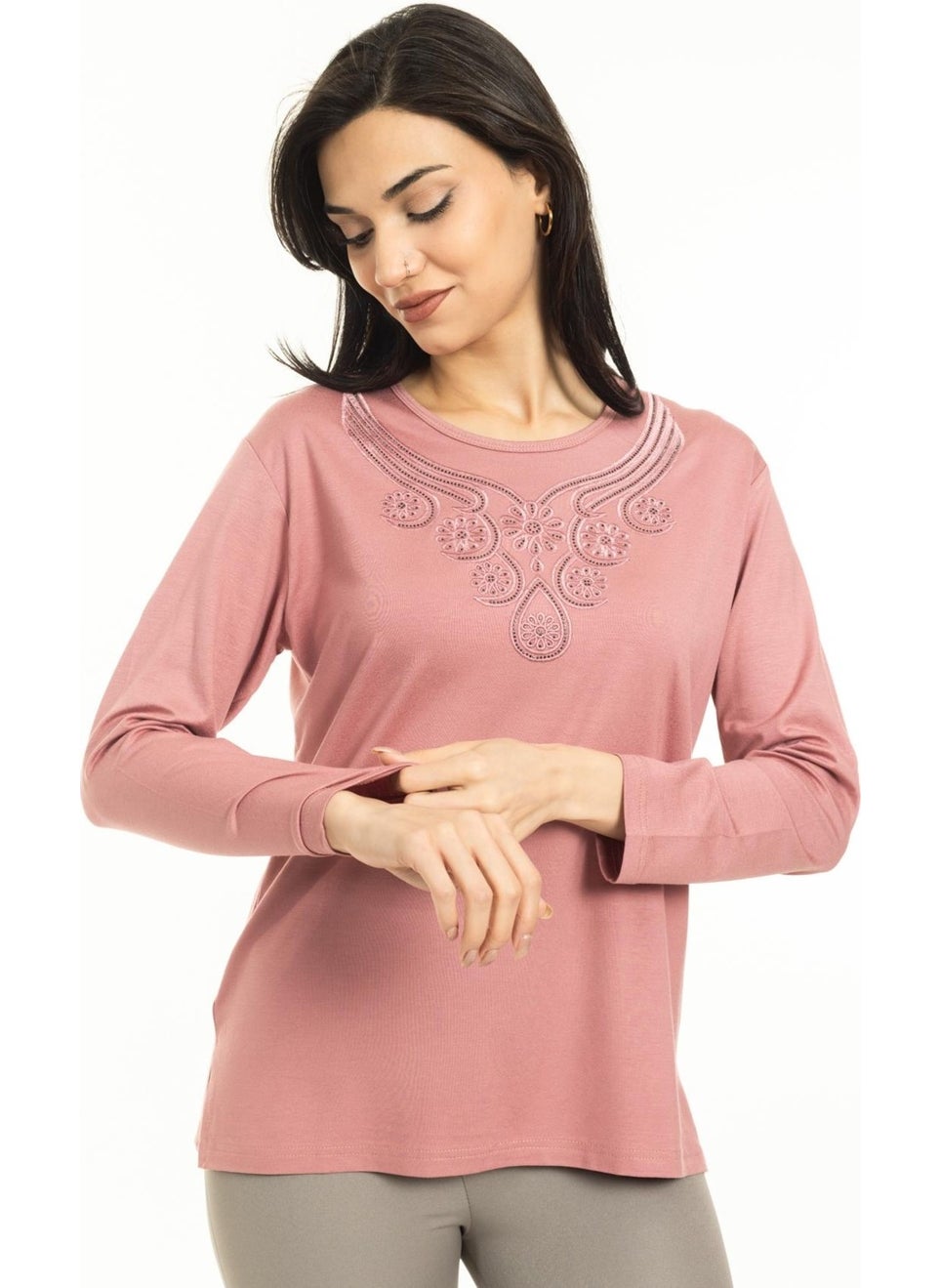 Women Middle Age and Above New Model Round Neck Lycra Mother Combed Cotton Blouse 30550