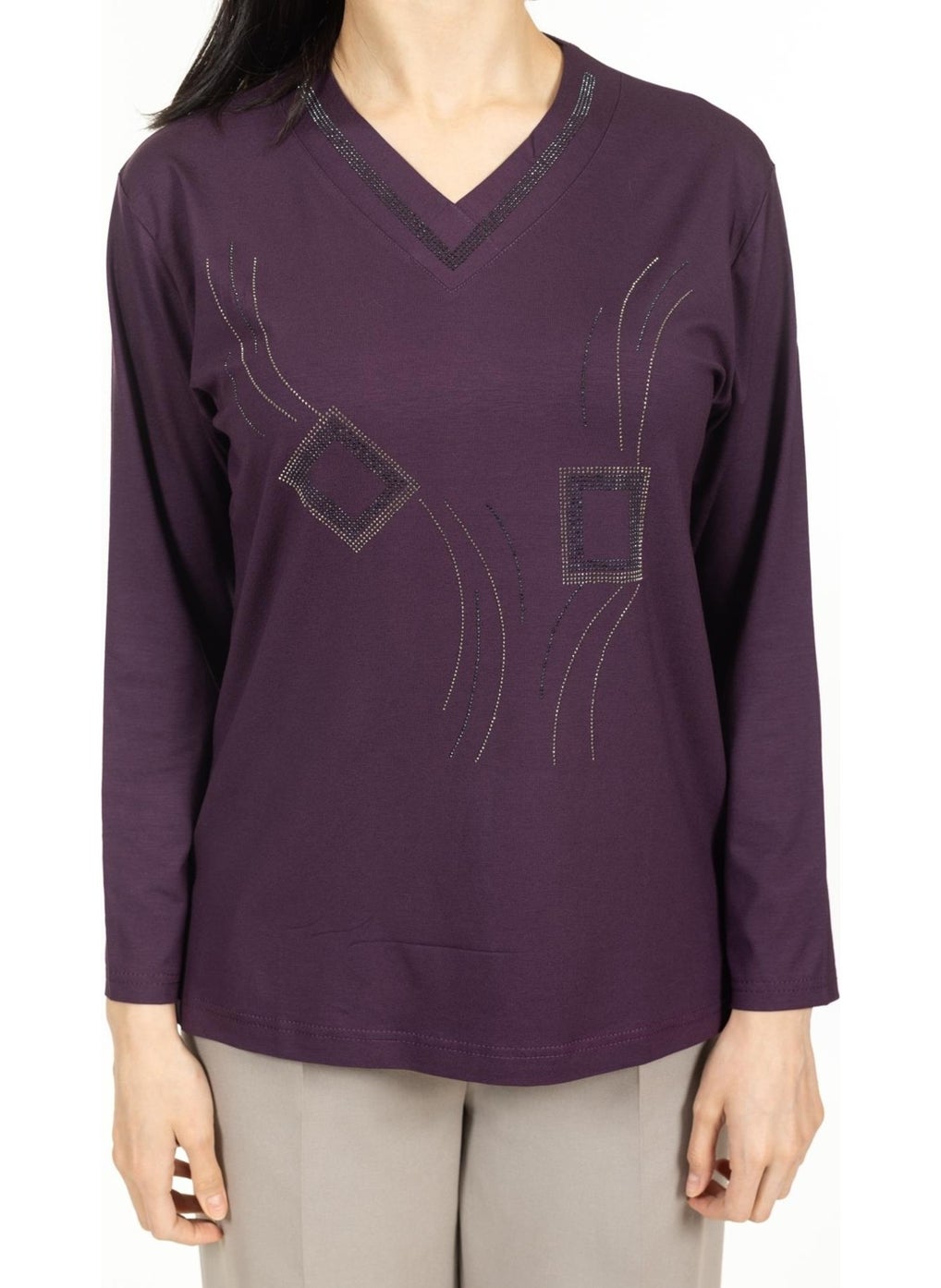 Women Middle Age and Above New Model V Neck Stone Embroidered Mother's Combed Cotton Blouse 30560