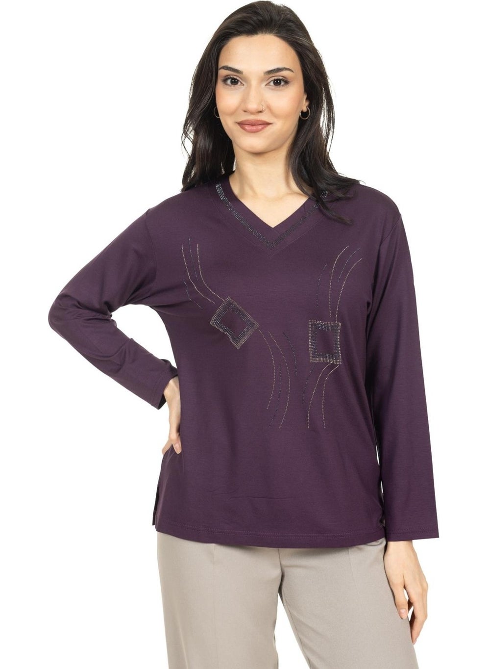 Women Middle Age and Above New Model V Neck Stone Embroidered Mother's Combed Cotton Blouse 30560