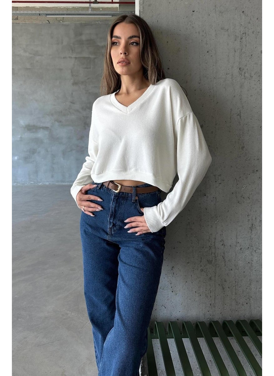 Women's Ecru Long Sleeve V Neck Ribbed Crop Blouse