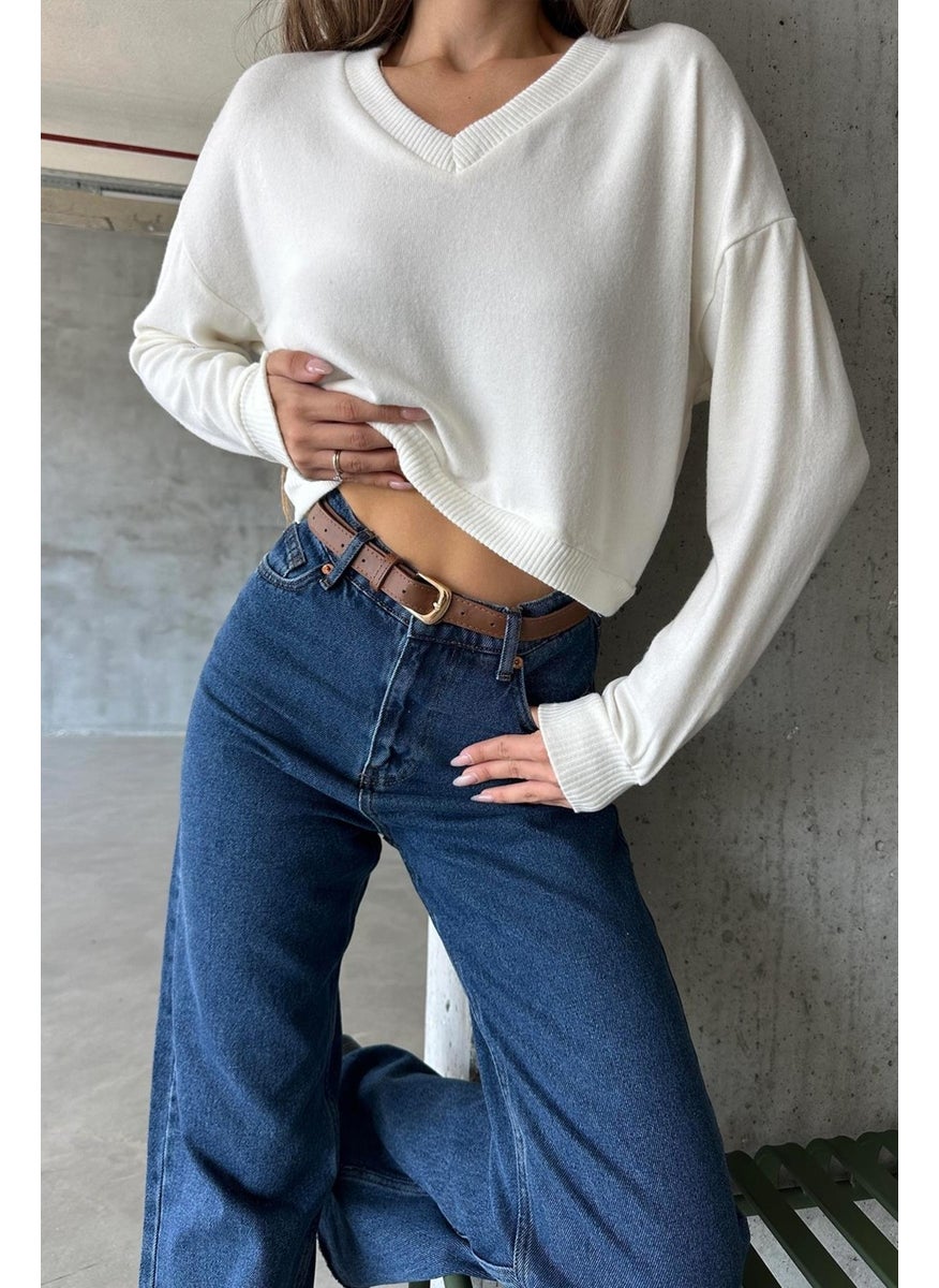 Women's Ecru Long Sleeve V Neck Ribbed Crop Blouse