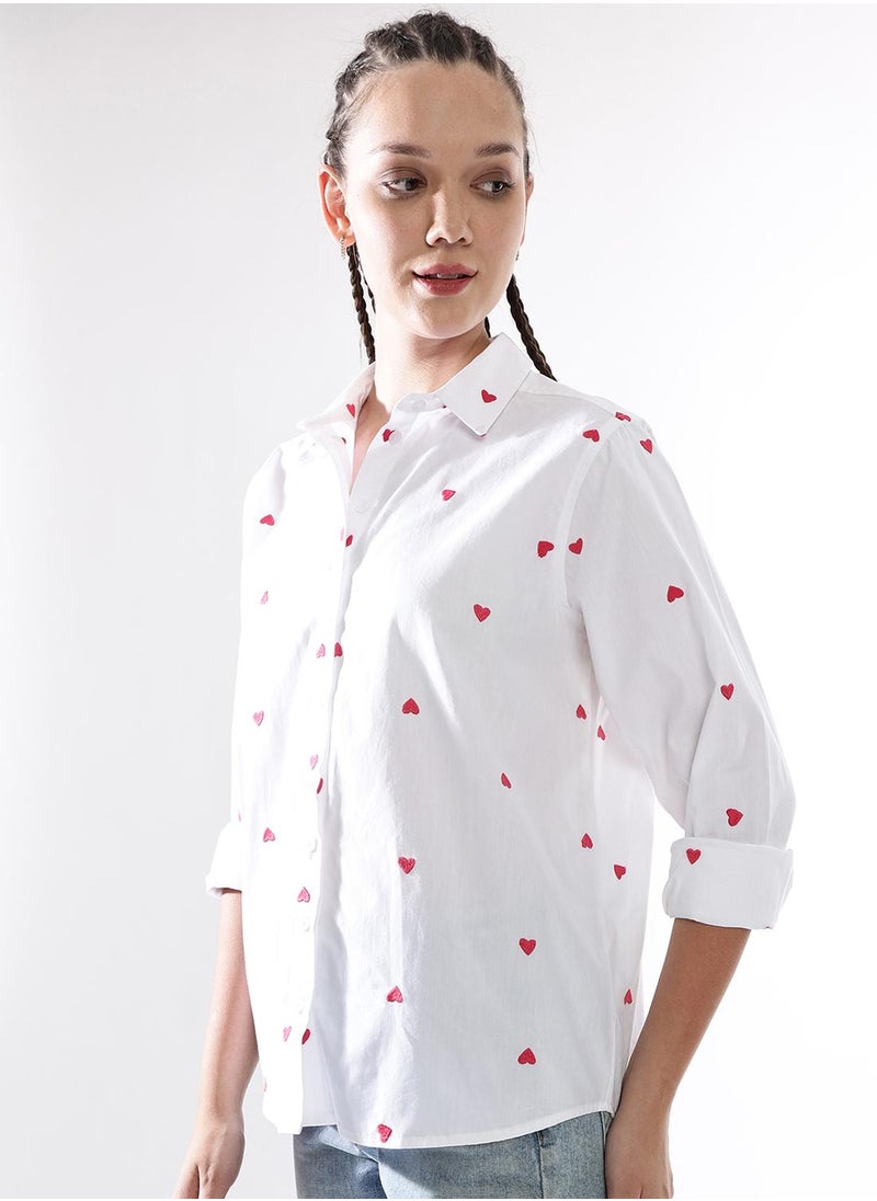 Women Comfort Heart Shape Oversized Embroidered Casual Shirt