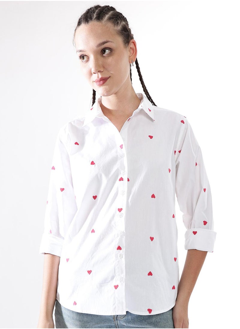 Women Comfort Heart Shape Oversized Embroidered Casual Shirt