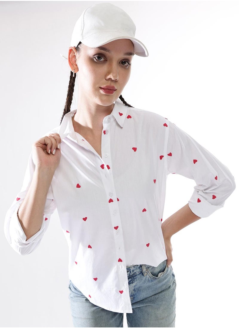 Women Comfort Heart Shape Oversized Embroidered Casual Shirt