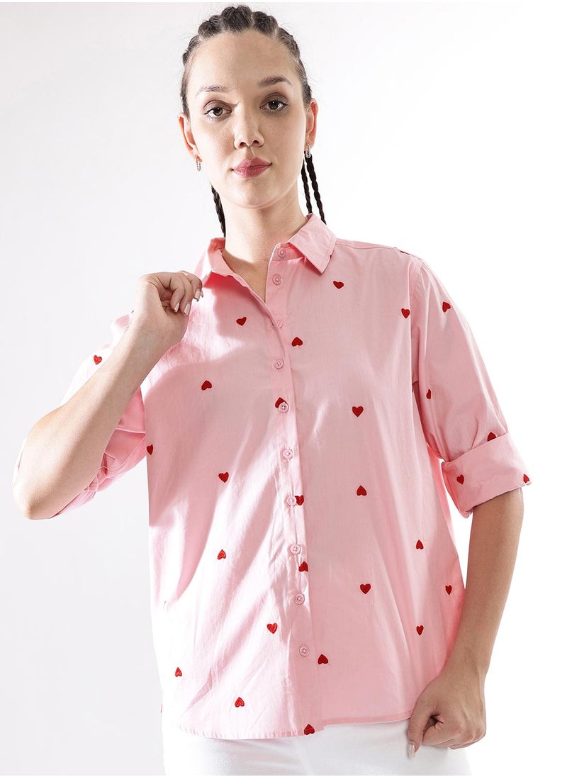 Women Comfort Heart Shape Oversized Embroidered Casual Shirt