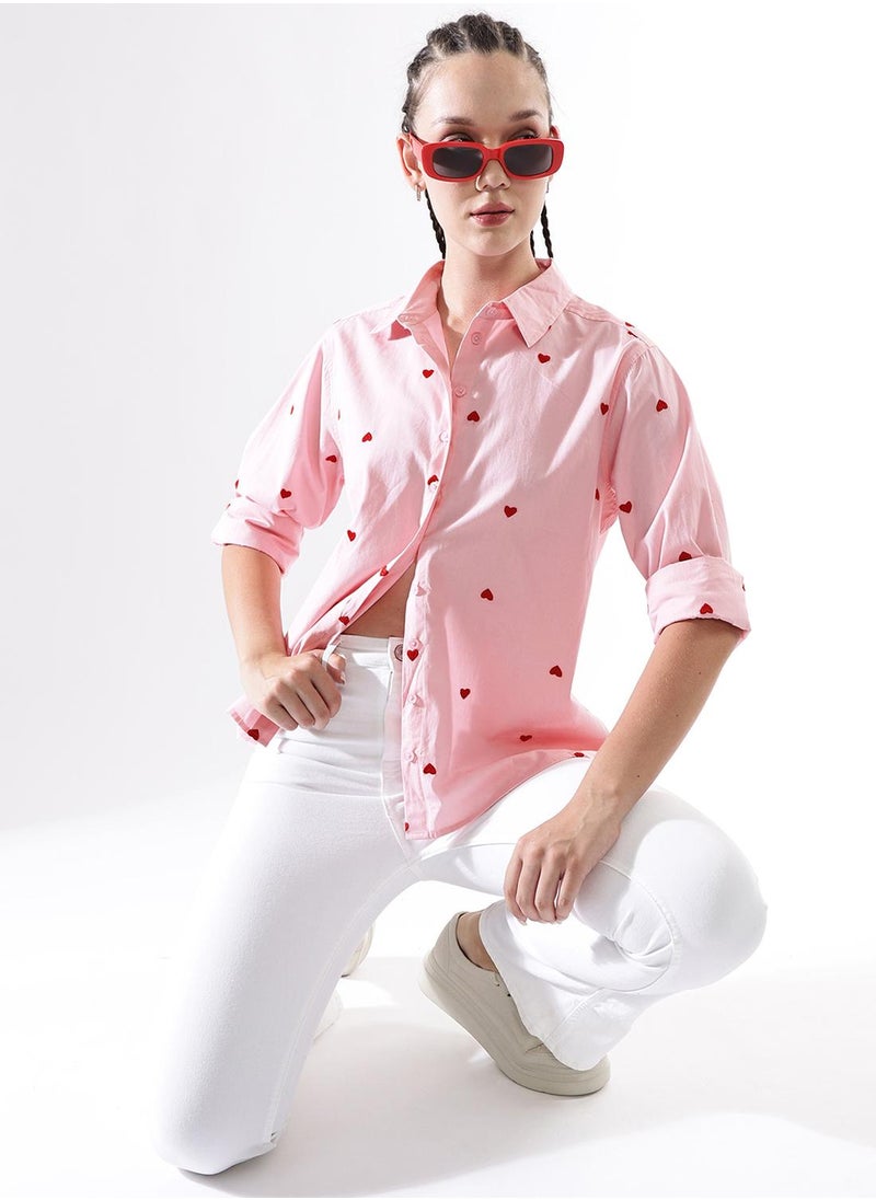 Women Comfort Heart Shape Oversized Embroidered Casual Shirt