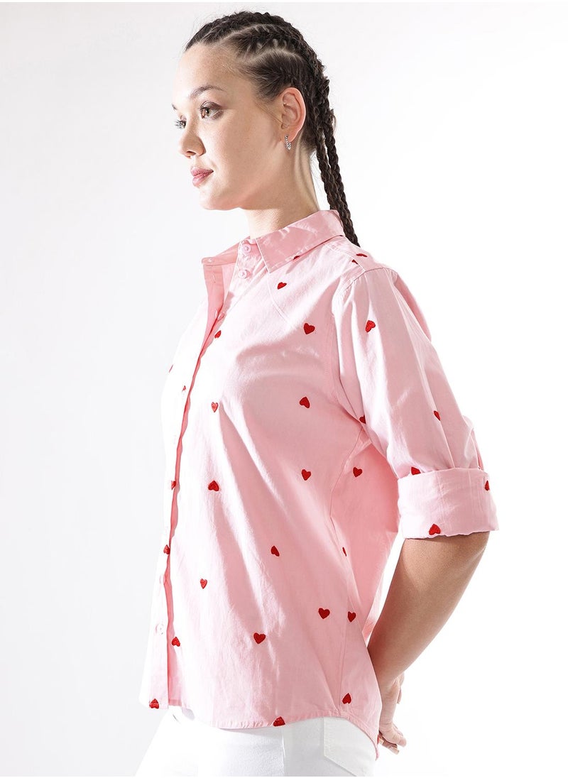 Women Comfort Heart Shape Oversized Embroidered Casual Shirt