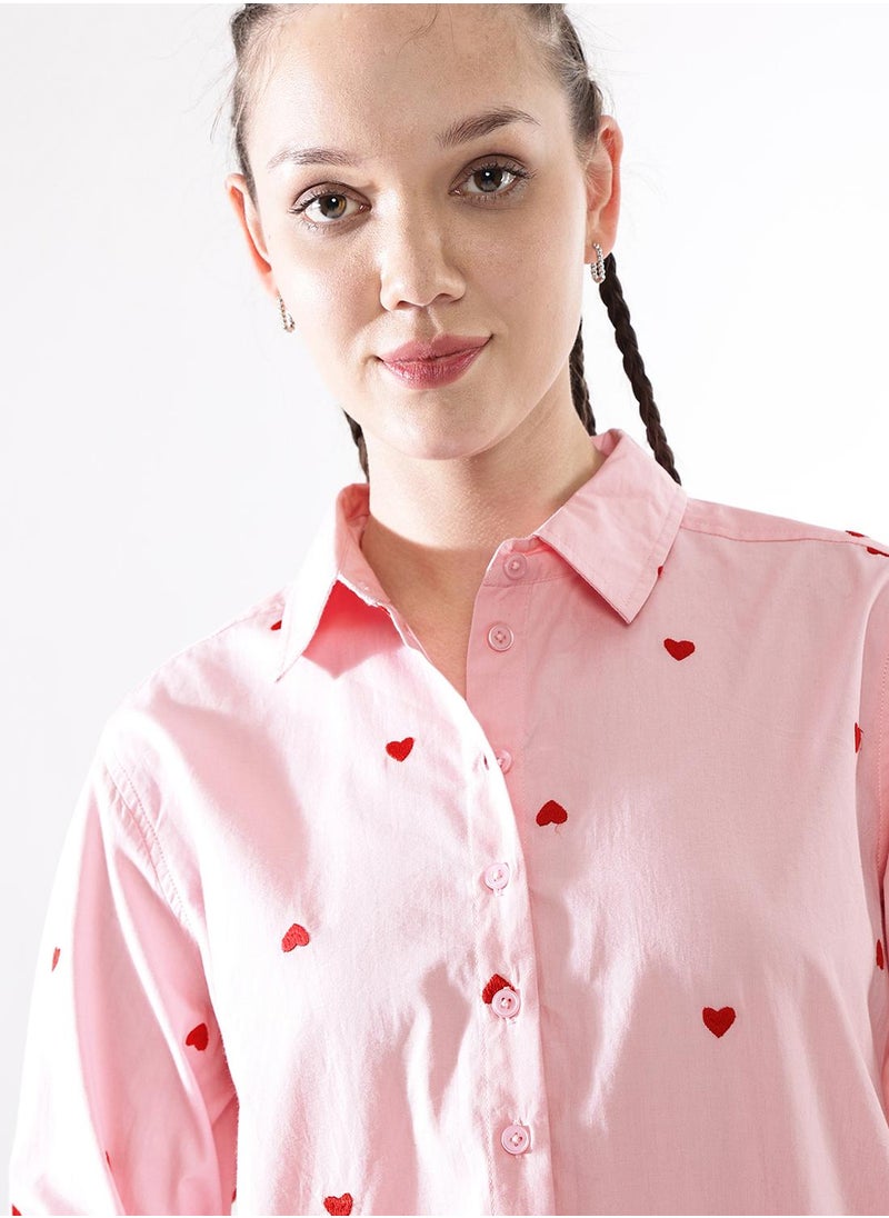 Women Comfort Heart Shape Oversized Embroidered Casual Shirt
