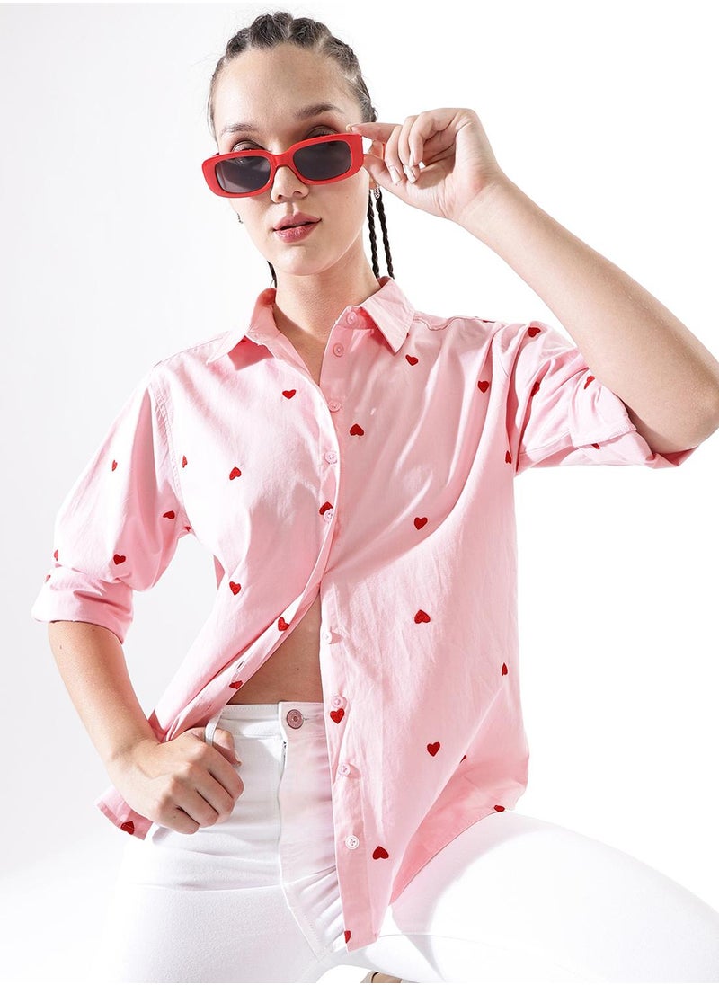Women Comfort Heart Shape Oversized Embroidered Casual Shirt