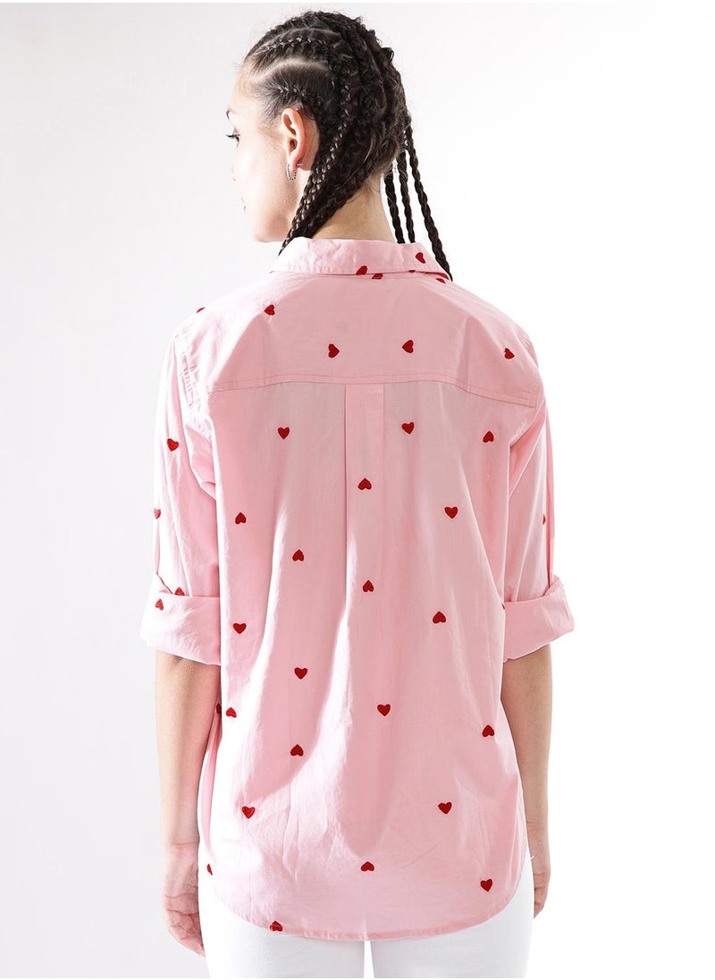 Women Comfort Heart Shape Oversized Embroidered Casual Shirt