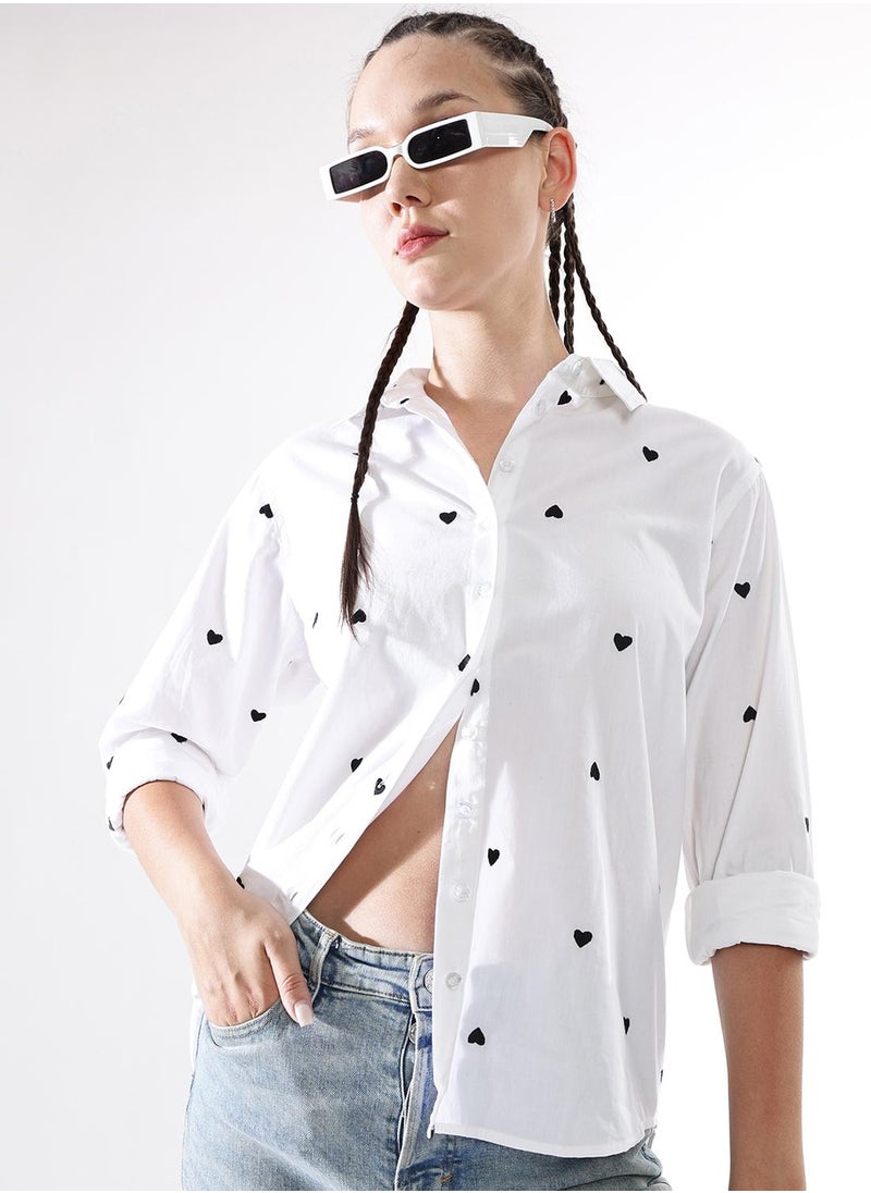 Women Comfort Heart Shape Oversized Embroidered Casual Shirt