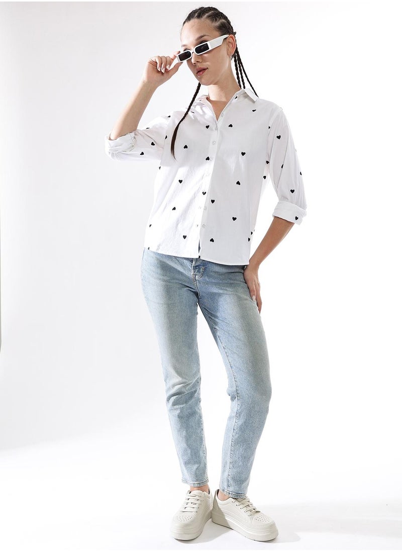 Women Comfort Heart Shape Oversized Embroidered Casual Shirt