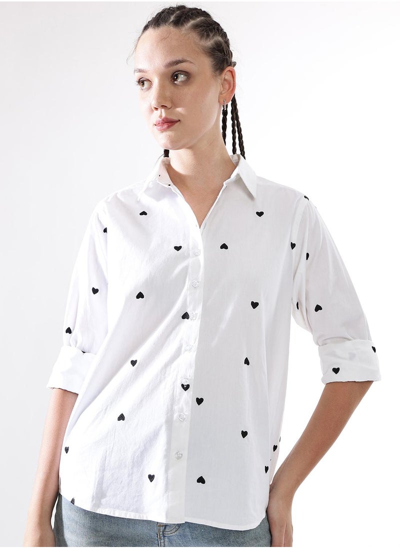 Women Comfort Heart Shape Oversized Embroidered Casual Shirt