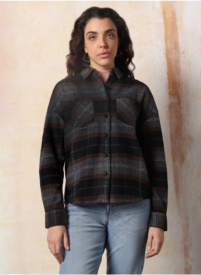 Women Comfort Relaxed Fit Spread Collar Checked Cotton Casual Shirt
