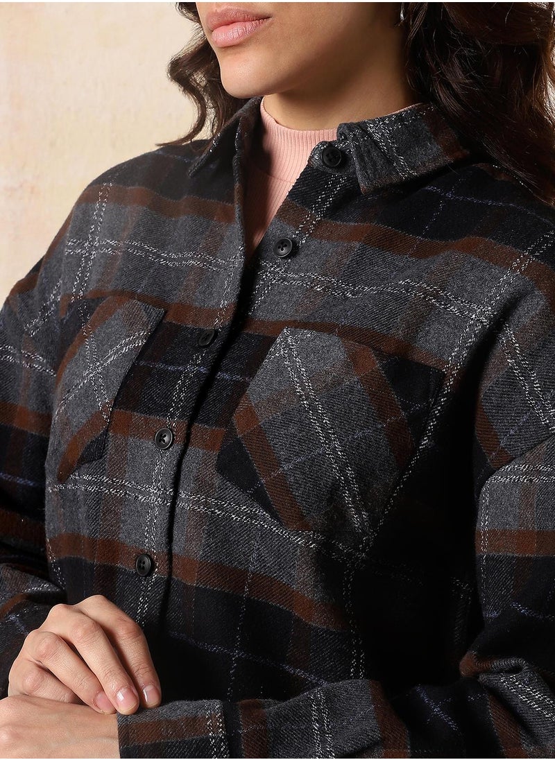 Women Comfort Relaxed Fit Spread Collar Checked Cotton Casual Shirt