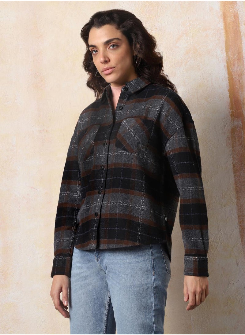 Women Comfort Relaxed Fit Spread Collar Checked Cotton Casual Shirt