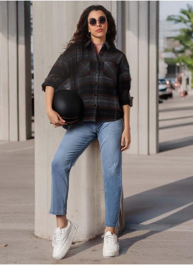 Women Comfort Relaxed Fit Spread Collar Checked Cotton Casual Shirt