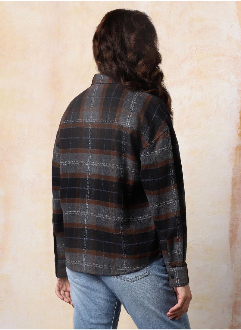 Women Comfort Relaxed Fit Spread Collar Checked Cotton Casual Shirt
