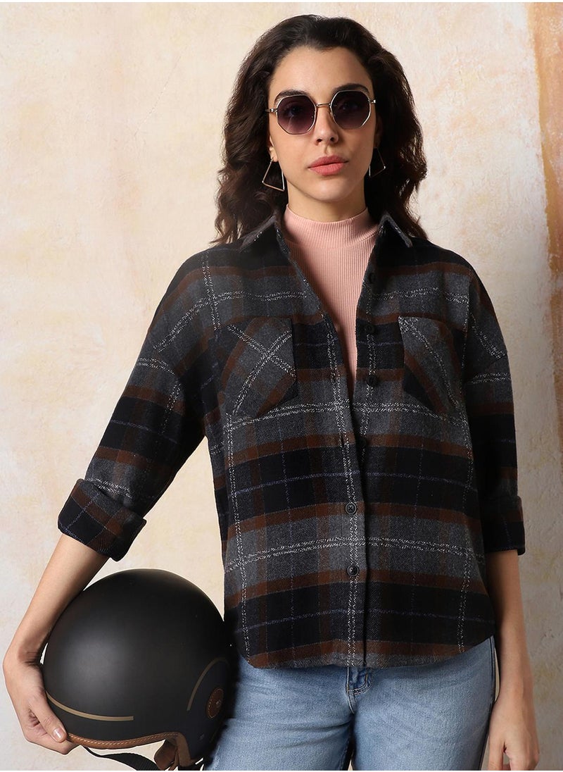 Women Comfort Relaxed Fit Spread Collar Checked Cotton Casual Shirt