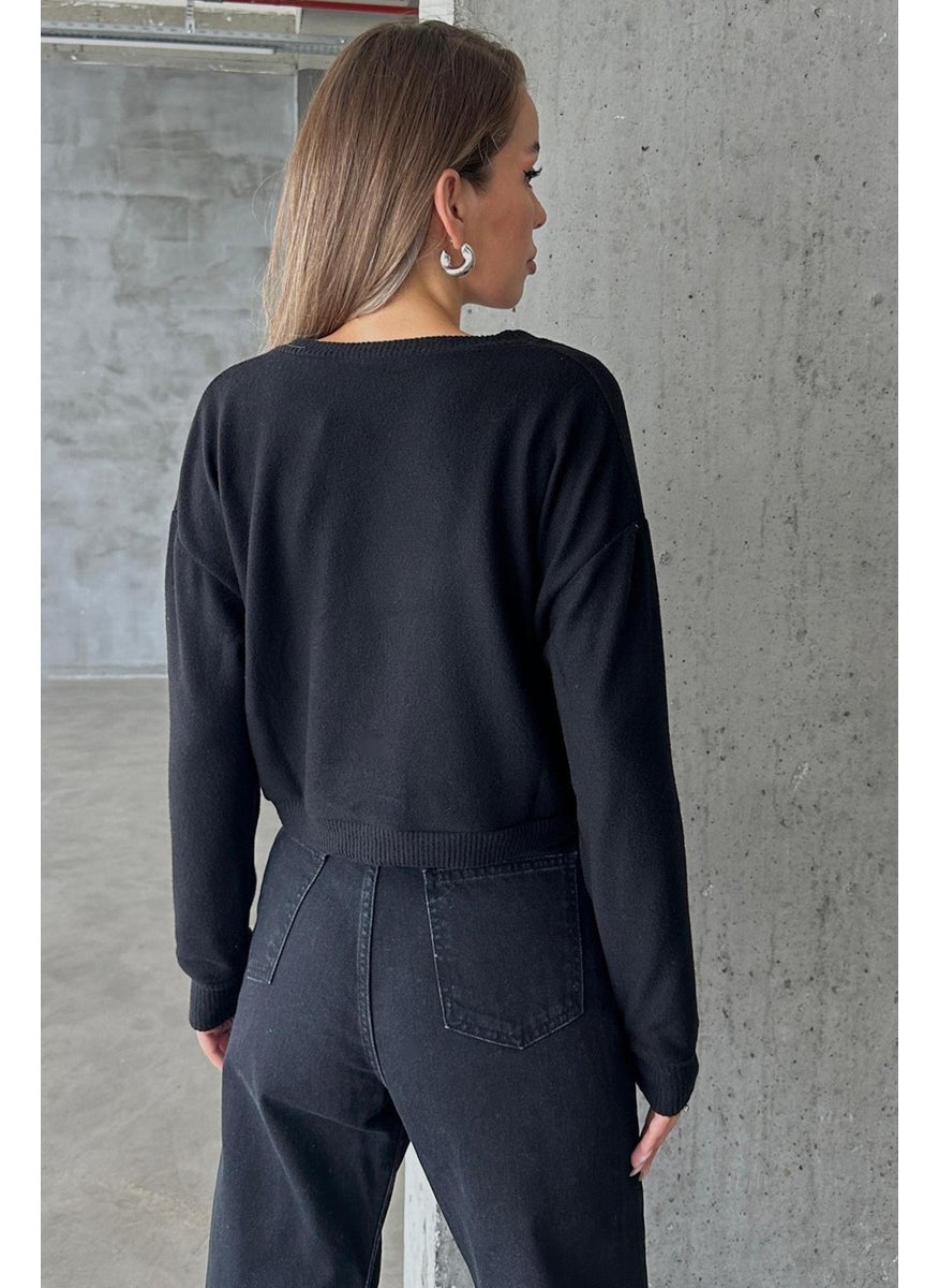 Women's Black Long Sleeve V Neck Ribbed Crop Blouse