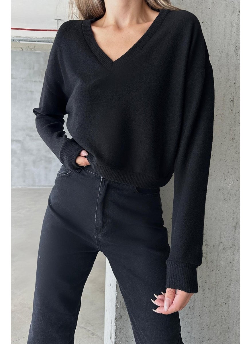 Women's Black Long Sleeve V Neck Ribbed Crop Blouse