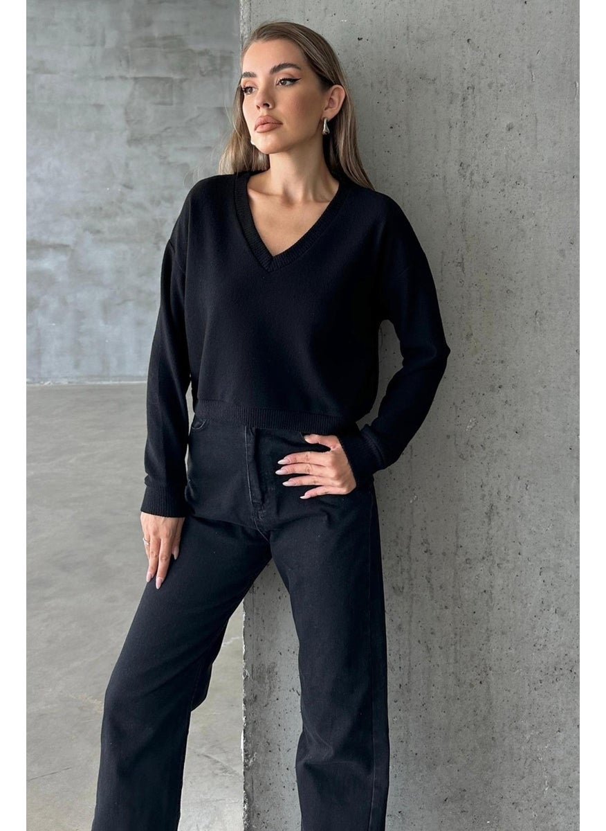 Women's Black Long Sleeve V Neck Ribbed Crop Blouse