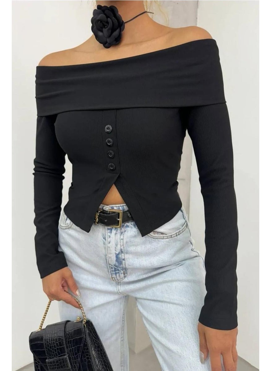 Women's Black Madonna Collar Front Button Detail Blouse